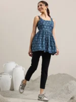 Blue Printed Cotton Anarkali Kurti - Image 2