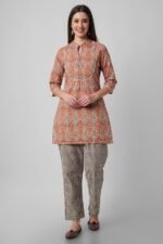 Women's Cotton Short Kurta with Pants - (Orange) - Image 2