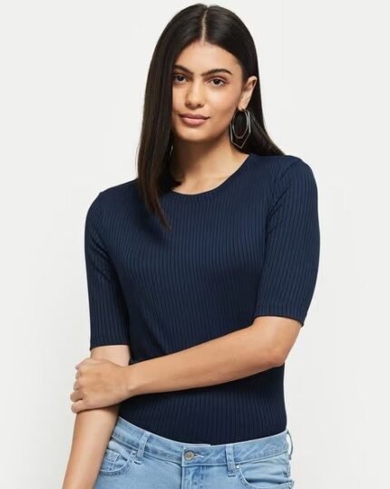 Women Ribbed Stretchable Round-Neck Top