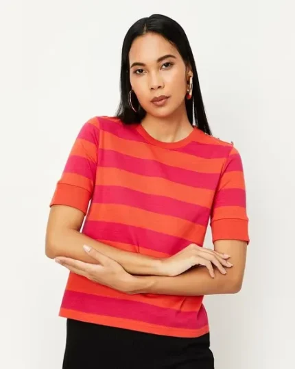 Women Striped Relaxed Fit Crew-Neck T-Shirt