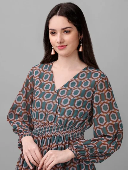 DRESSES FOR WOMEN WESTERN WEAR GEOMETRICAL GREEN DRESS